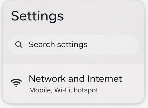 Android Settings screen showing Network and Internet option