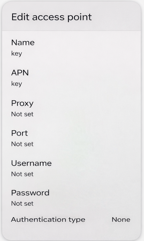 Android new APN screen showing Name and APN fields set to 'key' with username and password left blank