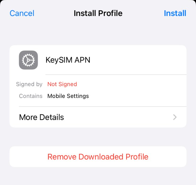 Apple iOS Install Profile screen showing the KeySIM APN profile with the Install button in the top right corner