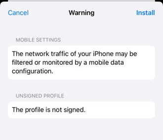 Apple iOS Warning screen showing unsigned profile notice before final installation confirmation