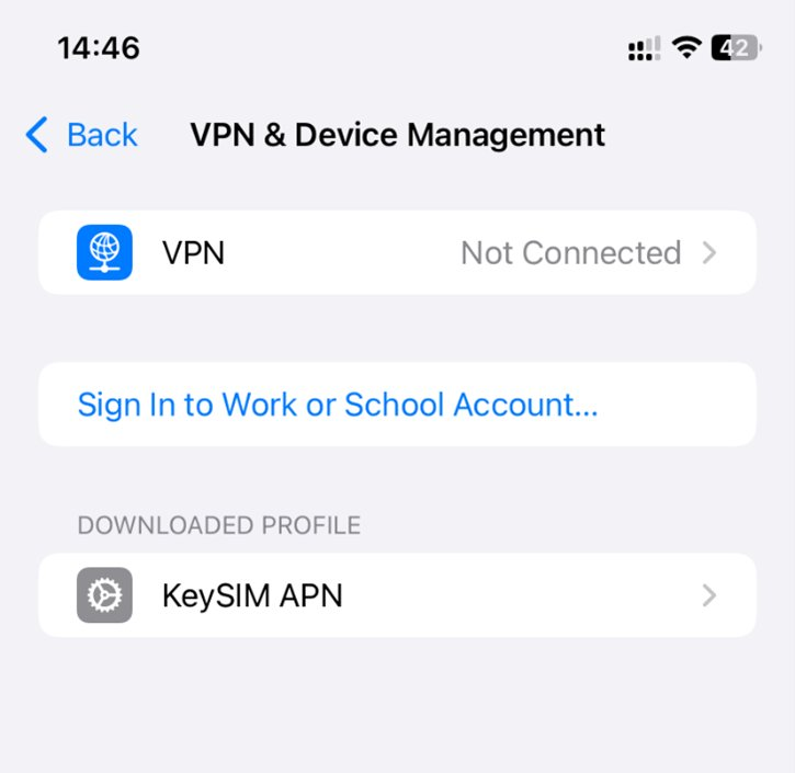 Apple iOS VPN and Device Management screen showing the installed KeySIM APN profile