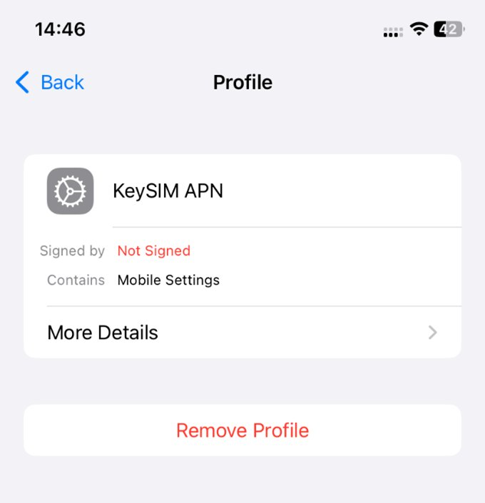 Apple iOS Profile screen showing the Remove Profile button to uninstall the KeySIM APN configuration